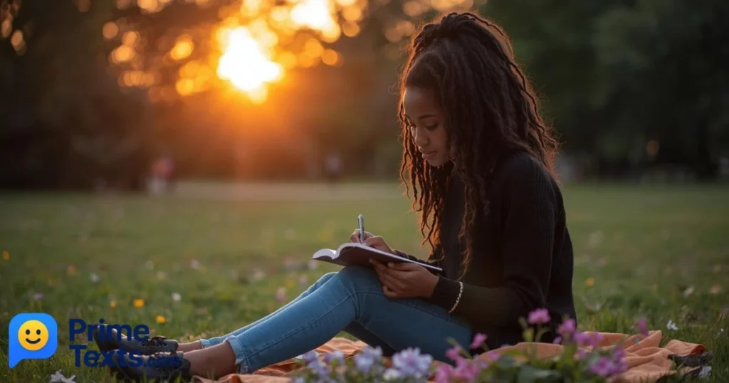 Black Girl Journaling In A Park During Sunrise
