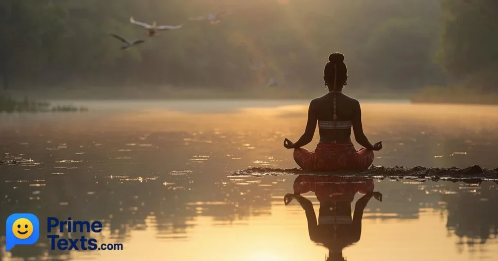 Black Girl Meditating Near A Lake At Sunrise